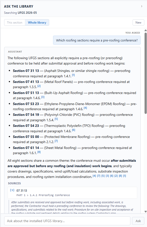 SpecStage's Ask the Library panel answering 'Which roofing sections require a pre-roofing conference?' with eight UFGS sections, each cited to its paragraph, and the quoted source passages underneath.